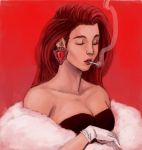  1girl breasts cigarette cleavage collarbone earrings gloves highres jacqueline_leon jewelry jojo_no_kimyou_na_bouken lisa_lisa red_background red_stone_of_aja redhead smoke smoking solo strapless white_gloves 