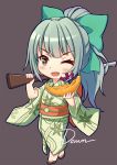  1girl alternate_costume bow brown_eyes commentary_request dawn_(664387320) food fruit gun hair_bow hair_ribbon highres holding japanese_clothes kantai_collection kimono looking_at_viewer melon ponytail ribbon rifle signature silver_hair solo weapon yukata yuubari_(kantai_collection) 