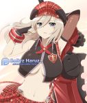  1girl alisa_ilinichina_amiella blue_eyes breasts elbow_gloves fingerless_gloves gloves god_eater hat large_breasts long_hair looking_at_viewer silver_hair skirt smile sollyz solo suspender_skirt suspenders under_boob 