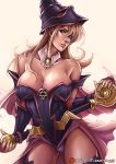  1girl breasts collarbone dark_magician_girl detached_collar green_eyes hat kachima lips panties parted_lips patreon solo staff underwear yuu-gi-ou 