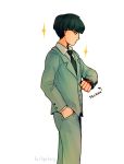  1boy artist_name black_eyes black_hair bowl_cut formal from_side hand_in_pocket highres kageyama_shigeo lostgalaxy8 male_focus mob_psycho_100 necktie profile signature solo sparkle suit watch watch 