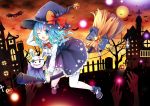  1girl blue_eyes blue_hair bow broom curly_hair date_a_live gyaza halloween hat long_hair looking_at_viewer mary_janes one_eye_closed open_mouth pantyhose riding shoes stuffed_animal stuffed_bunny stuffed_toy white_legwear witch_hat yoshino_(date_a_live) yoshinon 