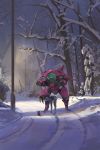  1girl animal arm_cannon bare_tree bent_over bodysuit boots brown_hair clouds cloudy_sky d.va_(overwatch) forest full_body gatling_gun gloves gun hands_on_own_knees headphones highres lamppost leaning_forward legs_apart long_hair long_sleeves mecha meka_(overwatch) nature outdoors overwatch pauldrons pilot_suit rabbit ribbed_bodysuit scenery shoulder_pads sidelocks sky snatti snow solo thigh-highs thigh_boots tree turtleneck weapon white_boots white_gloves winter 