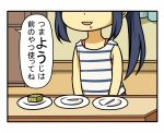  1girl blue_hair casual comic drooling food love_live! love_live!_sunshine!! matsuura_kanan plate ponytail shiitake_nabe_tsukami sleeveless solo toothpick translated wagashi watanabe_you youkan_(food) 