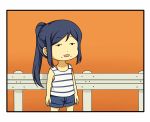  1girl blue_hair casual comic love_live! love_live!_sunshine!! matsuura_kanan orange_background ponytail shiitake_nabe_tsukami shorts sleeveless solo takami_chika 