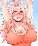  1girl armpits arms_up blush bouncing_breasts breasts cleavage collarbone commentary_request hair_intakes highres large_breasts long_hair looking_at_viewer mature nose_blush open_mouth original pink_hair shirt sidelocks solo_focus sweat tears tickling tobatoinu trembling upper_body yellow_eyes 