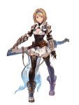  1girl armor belt black_legwear blonde_hair boots breasts brown_eyes cleavage djeeta_(granblue_fantasy) full_body gauntlets granblue_fantasy granblue_fantasy_project_re:link hairband highres looking_at_viewer minaba_hideo miniskirt official_art short_hair shoulder_armor simple_background skirt smile solo standing sword thigh-highs weapon white_background zettai_ryouiki 