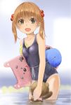  1girl bangs bare_shoulders blonde_hair blue_swimsuit breasts brown_eyes collarbone cowboy_shot eyebrows eyebrows_visible_through_hair hair_bobbles hair_ornament holding looking_at_viewer one-piece_swimsuit open_mouth original partially_submerged school_swimsuit short_hair short_twintails small_breasts smile solo standing stuffed_animal stuffed_toy swimsuit teddy_bear twintails water wet wet_clothes wet_swimsuit yoropa 