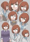  1girl annoyed clipboard crossed_arms expressions eyebrows freckles frown glasses grey_background labcoat open_mouth original petite-emi redhead rimless_glasses short_hair simple_background surprised sweater thick_eyebrows watch watch 