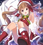  1girl abcd2345 absurdres boots brown_hair gift_bag gloves hat highres long_hair looking_at_viewer open_mouth original red_boots red_eyes red_gloves red_hat santa_boots santa_costume santa_gloves santa_hat snow solo star twintails 
