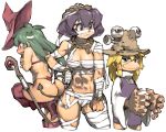  3girls :3 abs ass back bikini blonde_hair blue_eyes boots breasts clenched_hand constricted_pupils covering covering_breasts cowboy_shot demon_tail dress embarrassed frankenstein&#039;s_monster_(cosplay) frog_hair_ornament green_eyes green_hair hair_ornament hair_ribbon halloween hand_on_hip hat kochiya_sanae large_hands lavender_eyes long_hair long_sleeves looking_to_the_side moriya_suwako multiple_girls mummy_(cosplay) muscle muscular_female navel purple_dress purple_hair pyonta red_boots ribbon rope scar screw shimenawa shiny shiny_hair shiny_skin shirt short_dress short_hair simple_background small_breasts smile staff standing standing_on_one_leg swimsuit tail thigh-highs thigh_boots thighs thong touhou violet_eyes white_background white_shirt wide_hips wide_sleeves witch witch_hat yasaka_kanako ysk! 