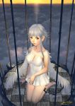  1girl ankle_cuffs ariverkao bare_shoulders barefoot birdcage brown_eyes cage chain dress kneeling looking_at_viewer original short_hair_with_long_locks silver_hair solo wings 