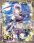  1girl black_gloves breasts card_(medium) cleavage fingerless_gloves garter_straps gloves headband looking_at_viewer medium_breasts navel number one_eye_closed purple_hair purple_shorts red_eyes short_hair_with_long_locks shorts smile solo star strea swimsuit sword_art_online 