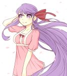  1girl catmouth character_request cherry_blossoms long_hair looking_at_viewer purple_hair ribbon solo violet_eyes 