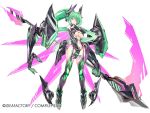  1girl breasts cleavage green_hair green_heart green_heart_(chaos_transformation) large_breasts long_hair looking_at_viewer navel neptune_(series) ponytail power_symbol scythe symbol-shaped_pupils vert very_long_hair violet_eyes 