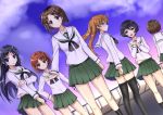  6+girls arm_grab bangs black_eyes black_hair black_legwear blouse blue_eyes blue_hair brown_eyes brown_hair closed_mouth clouds cloudy_sky dutch_angle from_behind from_side girls_und_panzer glasses green_eyes green_skirt hair_ribbon hand_on_hip light_smile long_hair long_sleeves looking_at_viewer looking_to_the_side maruyama_saki miniskirt multiple_girls ncec-ninja neckerchief oono_aya parted_bangs parted_lips pleated_skirt ribbon rooftop round_glasses sakaguchi_karina sawa_azusa school_uniform serafuku short_hair skirt sky smile socks standing thigh-highs twintails utsugi_yuuki white_blouse wind yamagou_ayumi zettai_ryouiki 