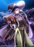  1girl adjusting_glasses artist_request book bridal_gauntlets brown_eyes cape company_connection copyright_name detached_sleeves field fire_emblem fire_emblem:_kakusei fire_emblem_cipher glasses hair_ornament hat holding looking_at_viewer miriel_(fire_emblem) night pants redhead short_hair solo witch_hat 