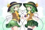  2girls adapted_costume black_hat black_legwear blush commentary_request cowboy_shot dual_persona eyeball fingers_together frilled_shirt_collar frilled_sleeves frills from_behind green_eyes green_hair green_skirt hat hat_ribbon heart heart_of_string komeiji_koishi long_sleeves looking_at_viewer looking_back multiple_girls open_mouth ribbon ryogo shirt short_sleeves skirt smile thigh-highs third_eye touhou wide_sleeves yellow_ribbon yellow_shirt 