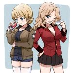  2girls blue_background blue_eyes blush breasts can cleavage coca-cola cosplay costume_switch cup darjeeling girls_und_panzer green_jacket hands_on_hips hone_(honehone083) jacket kay_(girls_und_panzer) large_breasts multiple_girls no_shirt one_eye_closed red_jacket saunders_military_uniform shirt short_shorts shorts simple_background skirt smile soda_can st._gloriana&#039;s_military_uniform t-shirt teacup thigh-highs 