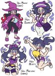 4girls @_@ al_bhed_eyes bel_(pokemon) bel_(pokemon)_(cosplay) black_hair breasts cape commentary crystal_ball english hairband haruka_(pokemon) haruka_(pokemon)_(remake) haruka_(pokemon)_(remake)_(cosplay) hat hex_maniac_(pokemon) highres kasumi_(pokemon) kasumi_(pokemon)_(cosplay) long_hair messy_hair multicolored_hair multiple_girls npc pokemon pokemon_(game) pokemon_bw pokemon_oras pokemon_rgby pokemon_rse pokemon_xy purple_hair redhead shenanimation shorts side_ponytail smile suspenders two-tone_hair violet_eyes witch_hat 