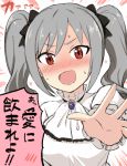  1girl :d blush commentary_request drill_hair engiyoshi grey_hair idolmaster idolmaster_cinderella_girls kanzaki_ranko open_mouth red_eyes smile solo sweatdrop translated twin_drills 
