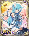  1girl animal_ears armpits asuna_(sao) asuna_(sao-alo) bell blue_eyes blue_hair blue_legwear bow cat cat_ears cat_tail heart kneeling long_hair looking_at_viewer open_mouth paw_pose pink_bow solo striped striped_bow sword_art_online tail tail_bell tail_bow thigh-highs zettai_ryouiki 