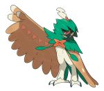  brown_eyes commentary decidueye feathered_wings highres hood leaf no_humans official_art pokemon pokemon_(creature) pokemon_(game) pokemon_sm solo white_background wings 