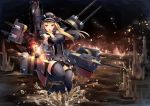  1girl 3girls aircraft airplane anchor armpits bare_shoulders bismarck_(kantai_collection) black_legwear black_panties blonde_hair blue_eyes boots breasts elbow_gloves explosion fire gloves gun hand_on_headwear hat highres kantai_collection large_breasts long_hair looking_at_viewer multiple_girls night open_mouth panties peaked_cap searchlight smoke solo sukocchi thigh-highs torpedo turret underwear weapon 