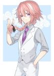  1boy braid citron_82 fate/apocrypha fate_(series) formal hand_in_pocket long_hair looking_at_viewer male_focus necktie pink_hair rider_of_black single_braid smile solo suit waistcoat 
