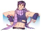  1boy abs arm_rest belt crop_top fingerless_gloves gloves green_eyes headband highres jojo_no_kimyou_na_bouken joseph_joestar_(young) male_focus muscle pink_scarf purple_hair scarf signature smile soldagarius solo striped striped_scarf upper_body 
