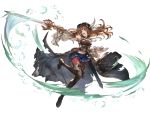  1girl blue_eyes brown_hair feathers full_body granblue_fantasy hat holding holding_weapon lecia_(granblue_fantasy) midriff minaba_hideo official_art open_mouth pantyhose pleated_skirt simple_background skirt solo sword thigh-highs torn_clothes torn_pantyhose weapon white_background wide_sleeves 