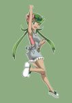  1girl absurdres arm_up armpits artist_request clenched_hands dark_skin flower from_behind green_eyes green_hair hair_flower hair_ornament highres long_hair looking_back mallow_(pokemon) one_eye_closed open_mouth overalls pokemon pokemon_(game) pokemon_sm running shoes shorts smile solo twintails 
