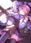  1girl bag belt beret black_legwear blue_eyes blue_skirt boots breasts closed_mouth cross-laced_footwear granblue_fantasy hair_ribbon handbag hat kukuru_(granblue_fantasy) lace-up_boots long_hair long_sleeves looking_at_viewer lying medium_breasts miniskirt on_back ribbon ryuinu silver_hair skirt solo strap strap_cleavage striped striped_ribbon thigh-highs twintails white_hat 