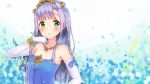  1girl adore_(adoredesu) blue_ribbon bracelet breasts elbow_gloves eyebrows eyebrows_visible_through_hair gloves green_eyes hair_ornament highres jewelry long_hair looking_at_viewer necklace outbreak_company petralka_anne_eldant_iii purple_hair ribbon small_breasts solo strapless upper_body white_gloves 