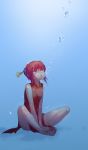  1girl air_bubble barefoot breath bubble_blowing china_dress chinese_clothes dress feet_together gintama hands_on_feet highres holding_breath indian_style kagura_(gintama) loli_bushi looking_up nail_polish puffy_cheeks redhead sitting solo toenail_polish underwater 