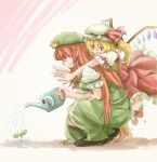  2girls :d arm_ribbon ascot beret blonde_hair blush_stickers bow braid chinese_clothes crystal dress fang flandre_scarlet frilled_dress frills green_dress hat hat_bow hong_meiling hug hug_from_behind kitsune_maru long_hair mary_janes mob_cap multiple_girls open_mouth plant puffy_short_sleeves puffy_sleeves redhead ribbon shoes short_sleeves side_ponytail skirt skirt_set smile squatting star touhou very_long_hair watering watering_can wings 