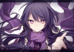  &gt;:) androgynous black_hair blurry closed_mouth commentary_request depth_of_field english floating_hair hijiri_(resetter) jacket letterboxed long_hair looking_at_viewer nyarlathotep open_clothes open_jacket original personification pink_eyes purple_scarf reaching_out scarf smile solo upper_body 