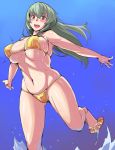  1girl bikini blue_background blush breasts gradient gradient_background large_breasts long_hair navel open_mouth outstretched_arms red_eyes rozen_maiden sandals silver_hair simple_background solo suigintou swimsuit tsuda_nanafushi water yellow_bikini 
