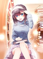  1girl blue_eyes blush book book_stack bookshelf breasts brown_hair cleavage_cutout hairband idolmaster idolmaster_cinderella_girls long_hair open_mouth sagisawa_fumika short_hair skirt smile solo sweater unier 