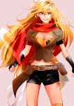  big_breasts blonde_hair blush dress gloves long_hair purple_eyes rwby scarf smile yang_xiao_long 