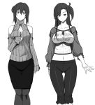  2girls breasts cleavage clothes_writing commentary_request crop_top detached_sleeves english fue_(rhomphair) large_breasts long_hair looking_at_viewer midriff monochrome multiple_girls navel one_side_up open-chest_sweater pantyhose pencil_skirt ribbed_sweater short_hair skirt smile sweater thigh_gap turtleneck 