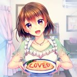  1girl :d apron bangs bedroom blouse brown_eyes brown_hair collarbone copyright_request food frilled_apron frills green_blouse hair_ornament hairclip head_tilt holding holding_plate indoors jewelry ketchup looking_at_viewer momore_(peaches) necklace omelet omurice open_mouth original plate short_hair short_sleeves smile solo upper_body 