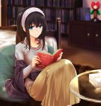  1girl bangs bed black_hair blouse blue_eyes blush book bookshelf cabinet collarbone glass_table hairband highres holding holding_book idolmaster idolmaster_cinderella_girls indoors infinote knees_up long_hair long_skirt long_sleeves looking_at_viewer on_floor open_book pleated_skirt rug sagisawa_fumika shawl sitting skirt smile solo sparkle table white_blouse wooden_floor yellow_skirt 