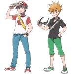  2boys brown_hair hand_in_pocket hat lowres multiple_boys official_art older ookido_green ookido_green_(sm) pokemon pokemon_(game) pokemon_sm red_(pokemon) red_(pokemon)_(sm) spiky_hair sunglasses sunglasses_removed 