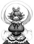  1girl blush breasts commentary_request fangs happy huge_breasts kawazoi_riverside short_hair slit_pupils solo touhou 