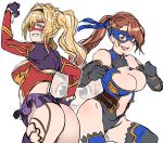 &gt;:d 2girls :d absurdres adapted_costume artist_name ass beatrix_(granblue_fantasy) black_gloves blonde_hair blue_eyes braid breasts brown_eyes brown_hair butcha-u cleavage_cutout domino_mask elbow_gloves flat_ass friends gloves granblue_fantasy hair_intakes hairband hand_on_hip highres large_breasts leotard long_hair mask medium_breasts multiple_girls open_mouth outline simple_background sketch smile thigh-highs twin_braids twintails vee_(granblue_fantasy) white_background wrestling_outfit zeta_(granblue_fantasy) 