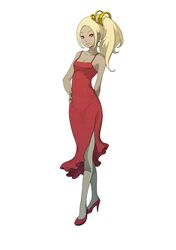  1girl alternate_costume alternate_hairstyle blonde_hair breasts cleavage dark_skin dress earrings full_body gravity_daze gravity_daze_2 hair_ornament high_heels highres hoop_earrings jewelry kitten_(gravity_daze) looking_at_viewer official_art pantyhose red_dress red_eyes saitou_shunsuke side_ponytail side_slit smile solo 