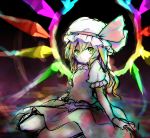  1girl bat_wings blonde_hair bow crystal expressionless flandre_scarlet green_eyes hat hat_bow hat_ribbon highres kushidama_minaka long_hair looking_at_viewer mob_cap puffy_short_sleeves puffy_sleeves ribbon short_sleeves side_ponytail sitting sketch skirt skirt_set solo touhou wings 