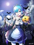  1girl bat blue_eyes blue_hair bone_hair_ornament breasts candy chain cleavage clouds detached_sleeves dress full_moon hair_ornament hair_over_one_eye halloween headdress highres looking_at_viewer maid moon night night_sky open_mouth outdoors pumpkin re:zero_kara_hajimeru_isekai_seikatsu rem_(re:zero) short_hair skull_hair_ornament sky solo standing white_legwear x_hair_ornament 