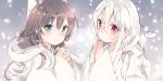  2girls :o aqua_eyes breath brown_hair character_request commentary_request copyright_request creature hands_clasped hands_together harikamo long_hair multiple_girls own_hands_together red_eyes smile snowing very_long_hair white_hair wide_sleeves winter winter_clothes 